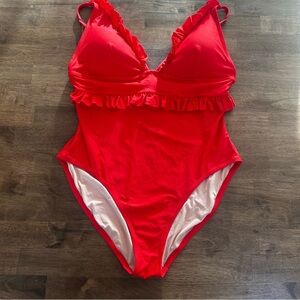 J. Crew Red One-Piece Swimsuit with Ruffle Trim